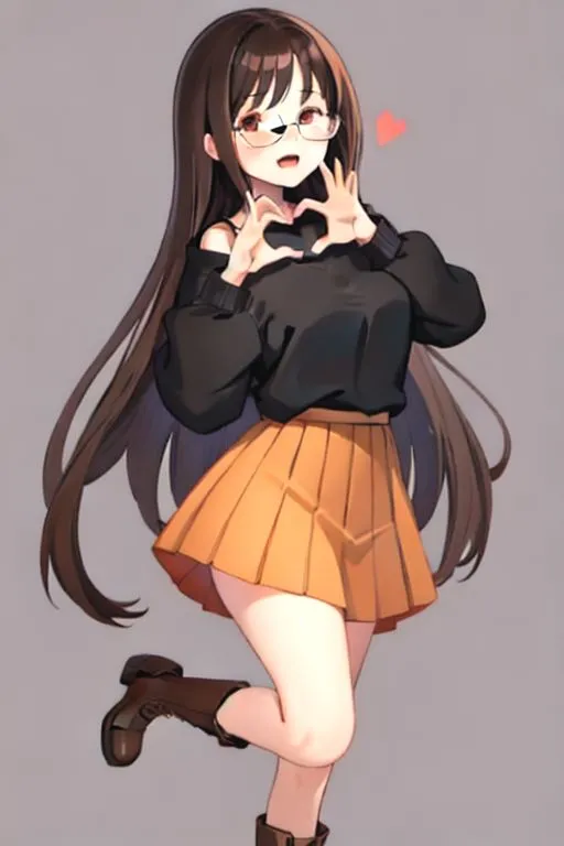 The image shows an anime girl with long brown hair and brown eyes. She is wearing a black sweater, a brown pleated skirt, and brown boots. She is smiling and has her hands in the air in the shape of a heart. She is standing on one leg and has the other raised in the air.