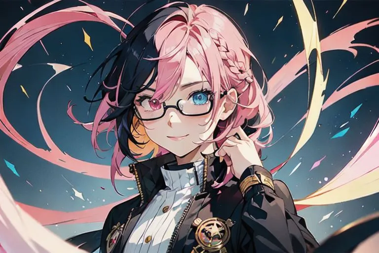 This image shows an anime-style girl with pink and black hair. She is wearing a white shirt, black jacket, and glasses. She has a confident smile on her face. The background is a blur of color.