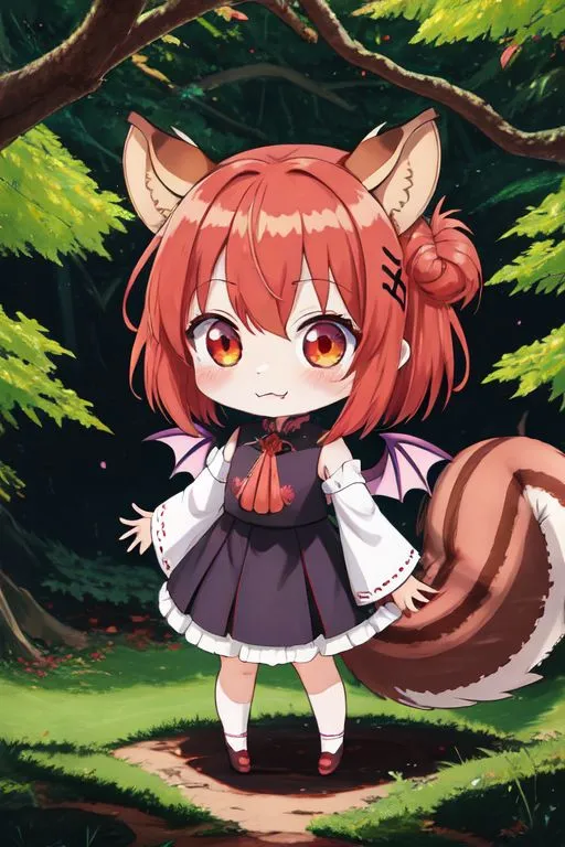 The image is a digitally drawn anime-style picture. It depicts a chibi (a type of super deformed character) with red hair and eyes, squirrel ears, and a tail. She is wearing a black and red dress with a white collar and red shoes. She is standing in a forest setting, surrounded by green trees and grass.