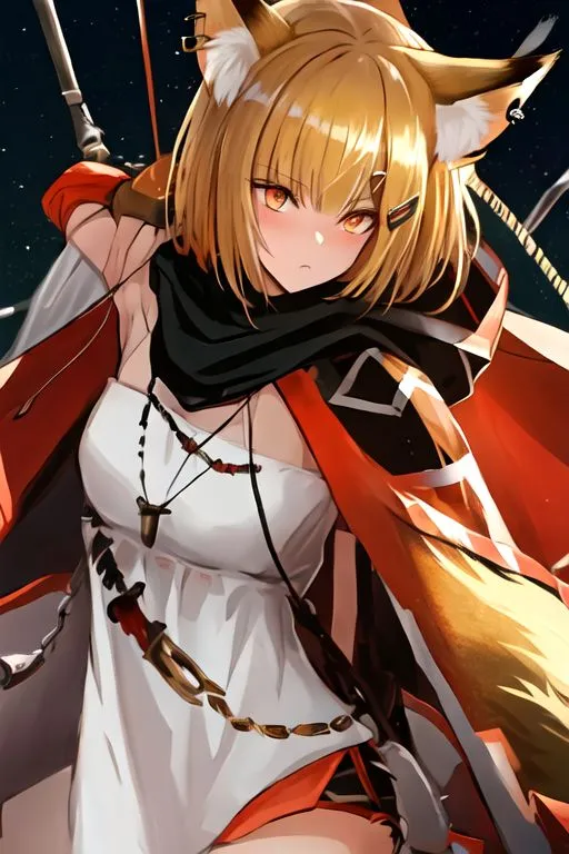 The image shows a young woman with fox ears and a fluffy fox tail. She is wearing a white dress with a red sash and a brown cape. She is also wearing a necklace with a pendant in the shape of a fox's head. She has a serious expression on her face and is looking at the viewer with her golden eyes. She is standing in a dark forest, with a full moon in the background.