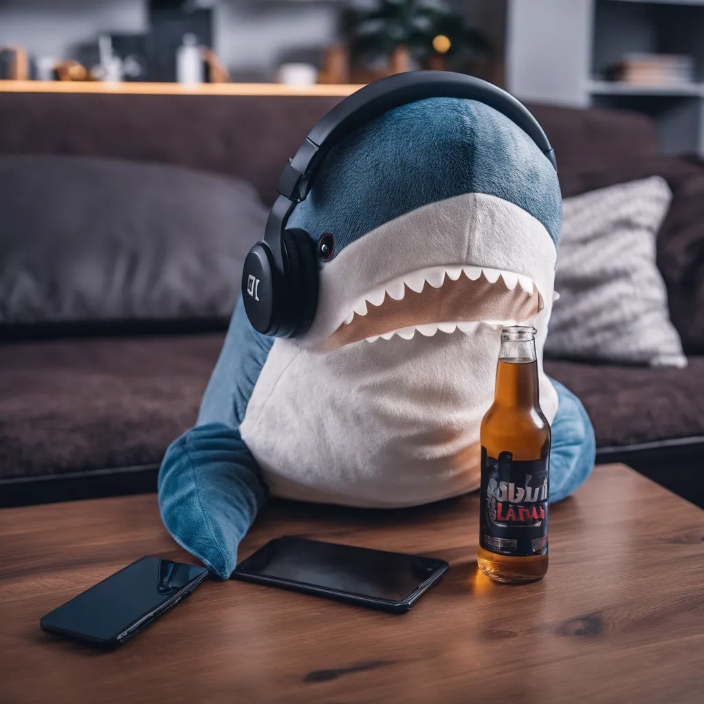 A plush shark toy is sitting on a table with a bottle of beer and two mobile phones. The shark is wearing headphones and has its mouth open. The image is taken from a low angle, making the shark look bigger and more imposing. The background is blurred, with a couch and some bookshelves visible.