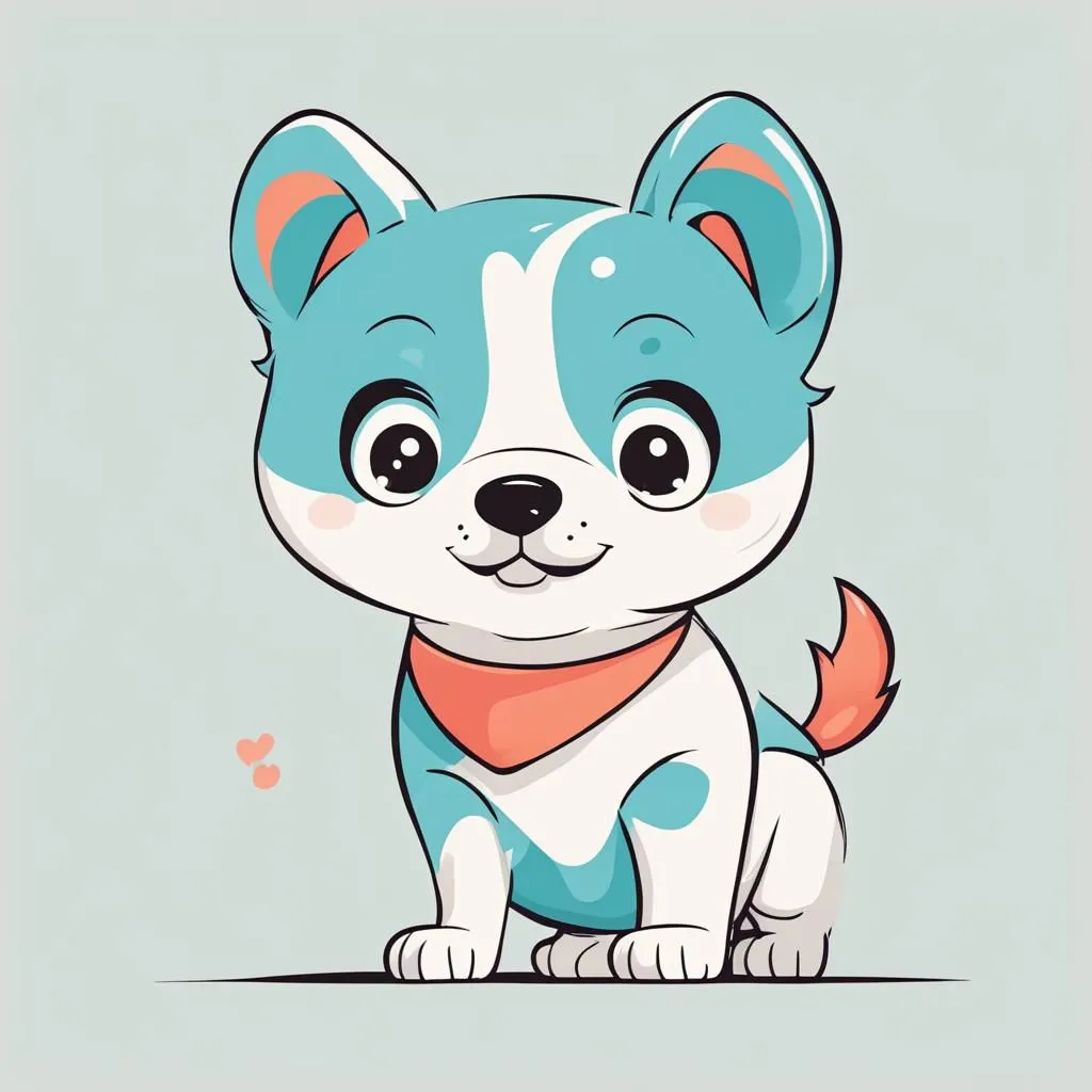 This is a cartoon image of a puppy. It has light blue fur with white patches on its chest and belly. The puppy is wearing a red scarf around its neck and has a happy expression on its face. Its ears are perked up and its tail is wagging.