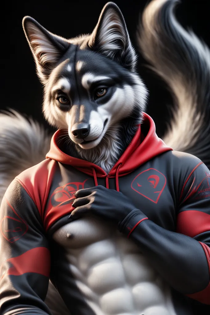 The image is a 3D rendering of a muscular anthropomorphic wolf. The wolf is wearing a black and red hoodie and has a confident expression on its face. The wolf's fur is black and white, and its eyes are a light blue color. The background of the image is a dark grey color, and the wolf is standing on a grey floor.