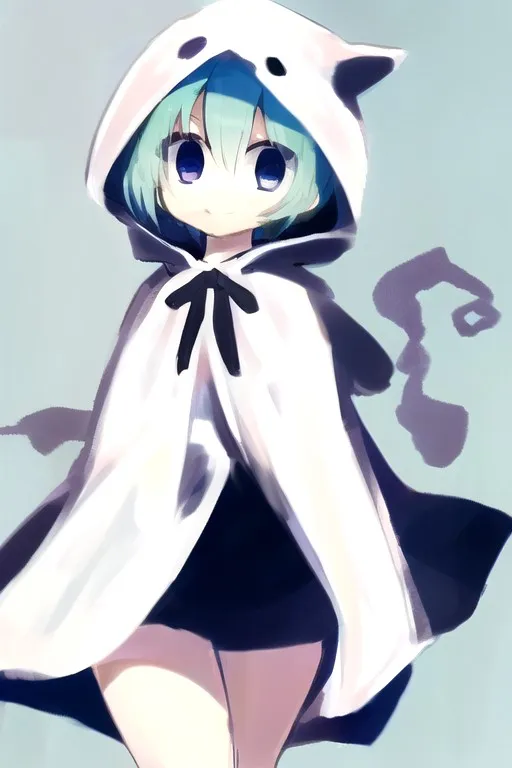 The picture shows a cute anime girl with green hair and blue eyes. She is wearing a white cat-eared hoodie with a black ribbon. The girl is standing on a white background, and she is looking at the viewer with a shy smile on her face.