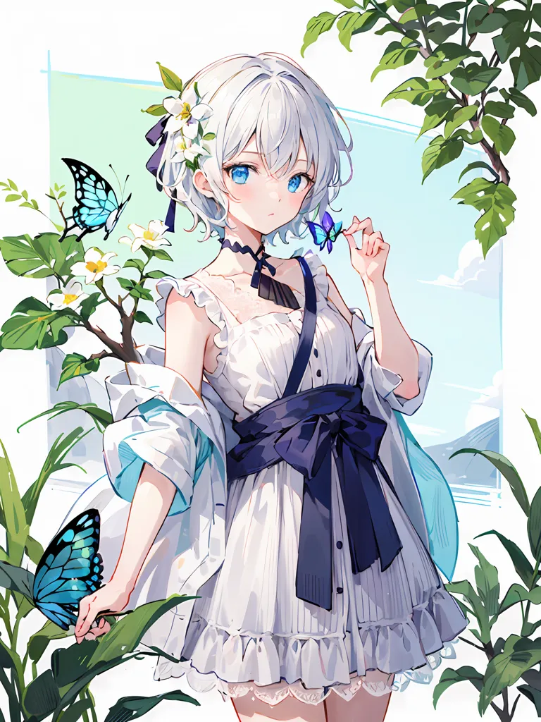 This is an image of a girl with white hair and blue eyes. She is wearing a white dress with a blue sash and a white bow in her hair. She is standing in a garden with green plants and flowers. There are also three blue butterflies in the image. The girl is smiling and looks happy.