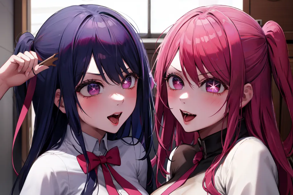 This image shows two anime girls with bright colored hair. The girl on the left has purple hair and is wearing a white shirt with a pink bow. She is holding a strand of her hair in her mouth. The girl on the right has pink hair and is wearing a black choker with a white and pink striped undershirt. She is also holding a strand of her hair in her mouth. They both have big purple eyes and are looking at the viewer with a surprised expression on their faces.