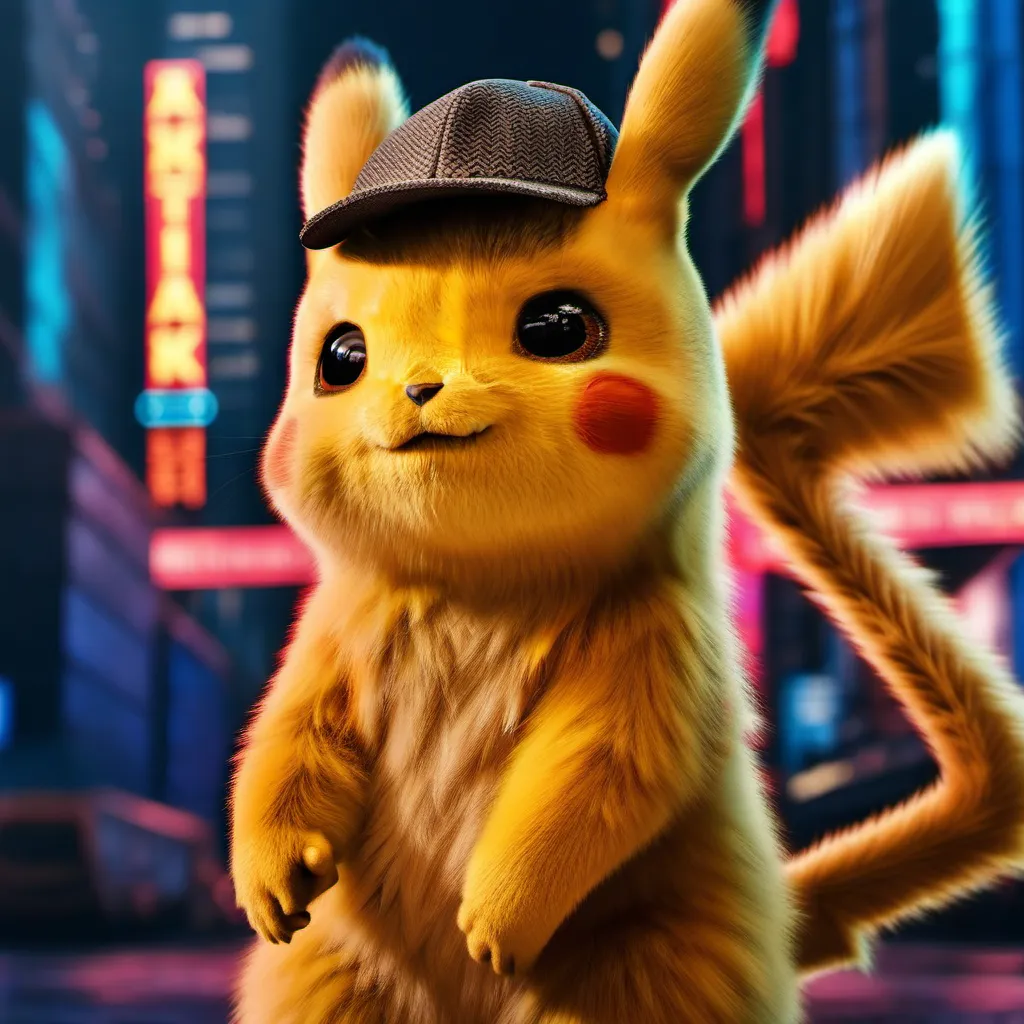 This is a photo of a Pikachu, which is a character from the Pokémon franchise. It is a small, yellow, furry creature with a tail that resembles a lightning bolt. It is wearing a brown detective hat and has a serious expression on its face. The background of the photo is blurred, with a few blurry lights in the distance