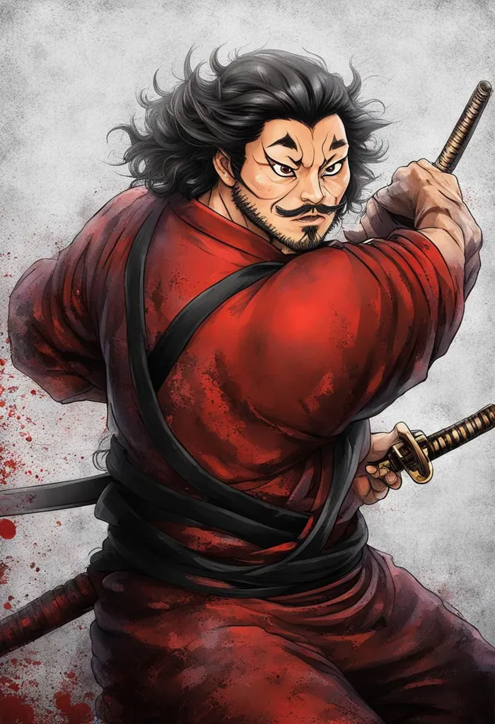 The image shows a man with long black hair and a beard. He is wearing a red shirt and black pants. He is holding two swords. The background is white with some red splatters. The man has a determined expression on his face. He is ready to fight.