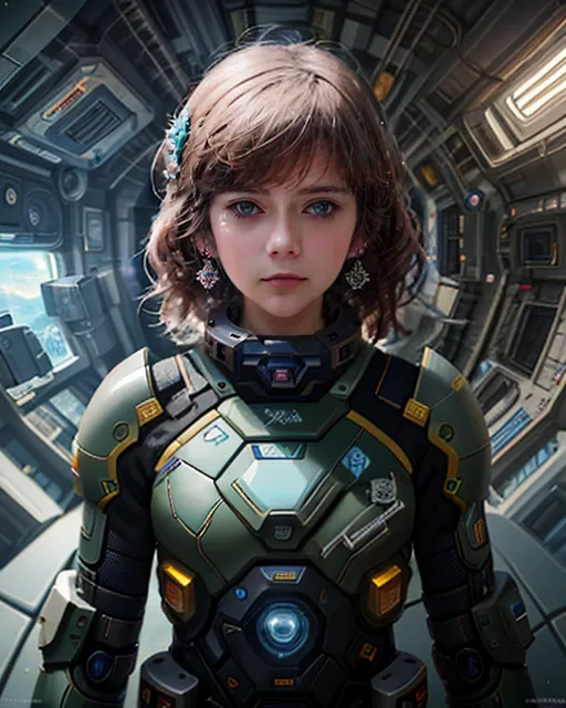 This is an image of a young girl in a futuristic spacesuit. She is standing in a spaceship, looking out at the viewer. The girl has short brown hair, blue eyes, and a pale complexion. She is wearing a green and black spacesuit with a clear bubble helmet. The spacesuit has various technological gadgets and lights on it. The girl's expression is one of determination and focus.