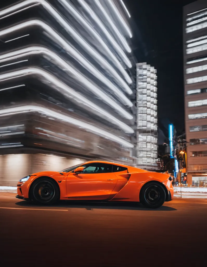 A bright orange sports car is driving down a city street at night. The car is blurred, showing that it is moving very fast. The background of the image is a large, modern building with a lot of glass. The building is also blurred, showing that the car is moving very fast.