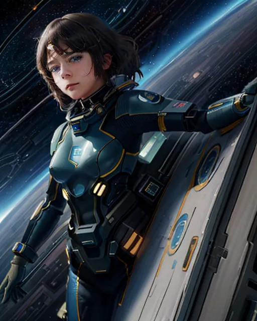 This is an image of a young woman in a spacesuit with a planet and stars in the background. She is standing on a spaceship and looking at the camera. She has brown hair and blue eyes, and she is wearing a blue and gray spacesuit. The spacesuit has a light on the chest and a light on the helmet. She is also wearing a backpack.