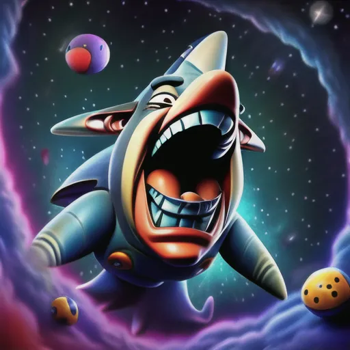 This image shows a cartoon shark with a big open mouth and sharp teeth. It is laughing and has a crazy expression on its face. It is surrounded by colorful stars and planets. The background is a dark blue space with a bright light in the center. The shark is wearing a space helmet with a clear bubble.