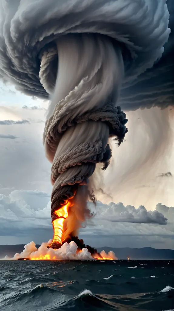 A tornado made of fire and smoke rises from the ocean. The tornado is surrounded by dark clouds and the sea is rough.