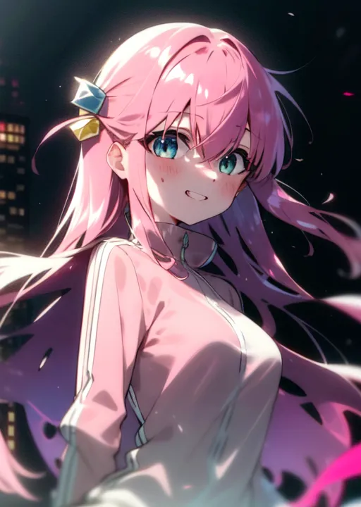 The image shows an anime girl with pink hair and blue eyes. She is wearing a pink tracksuit with white stripes on the sleeves. She has a small smile on her face and is looking at the viewer. The background is dark with a few blurry lights in the distance.