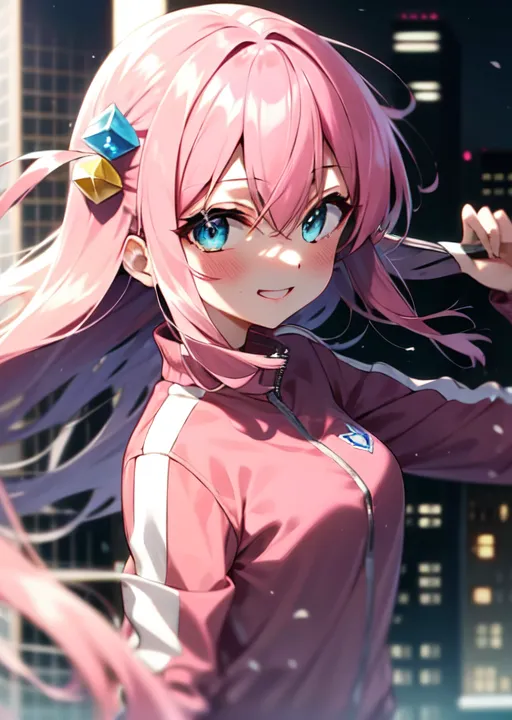 The image shows an anime-style girl with pink hair and blue eyes. She is wearing a pink tracksuit with white stripes on the sleeves. The girl is standing in a city, and there are buildings in the background. The girl has a confident smile on her face, and she is looking at the viewer.