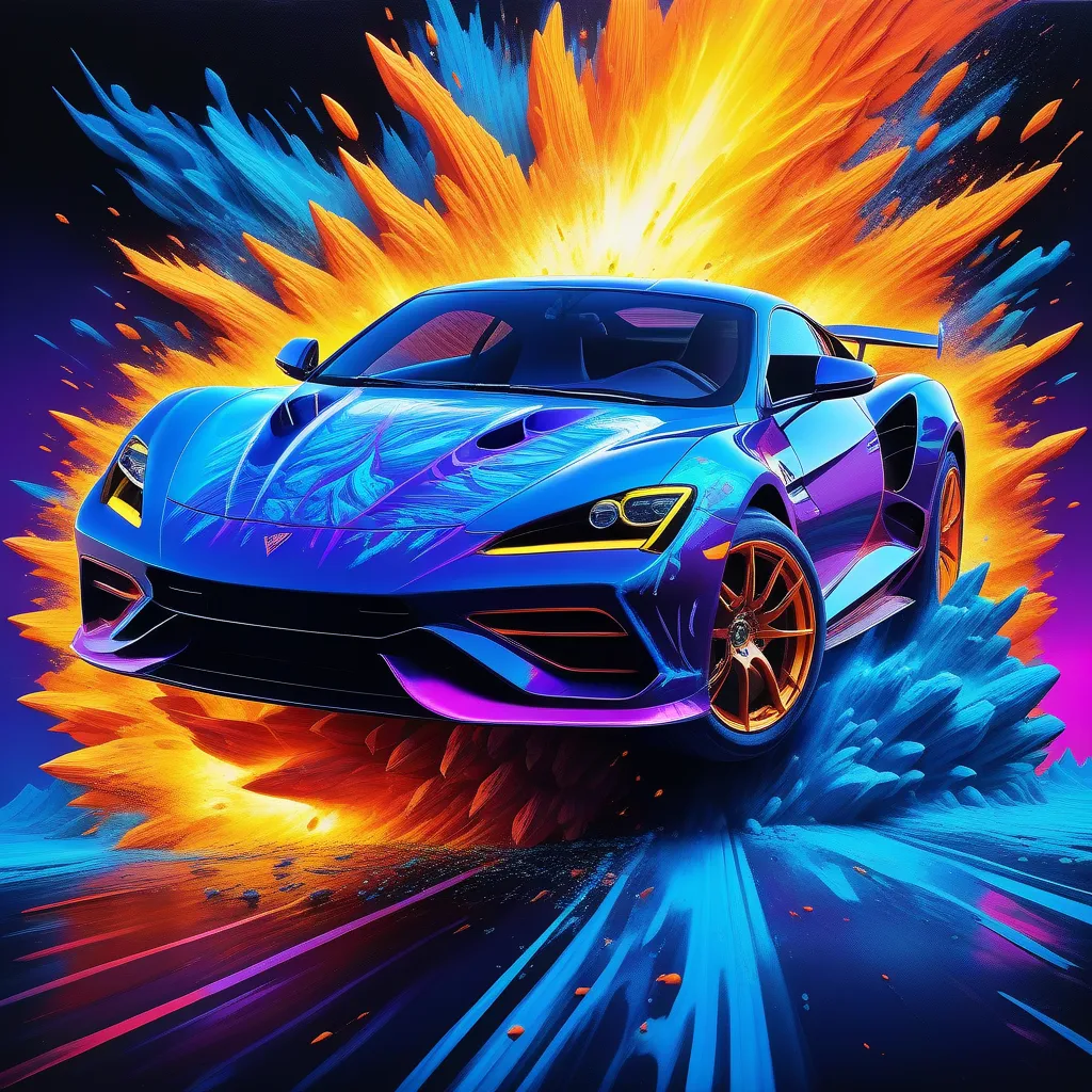 A blue and purple sports car is driving through a tunnel. The car is surrounded by an explosion of orange and yellow paint. The car is blurred, showing that it is moving very fast. The background is black, making the car and paint stand out.