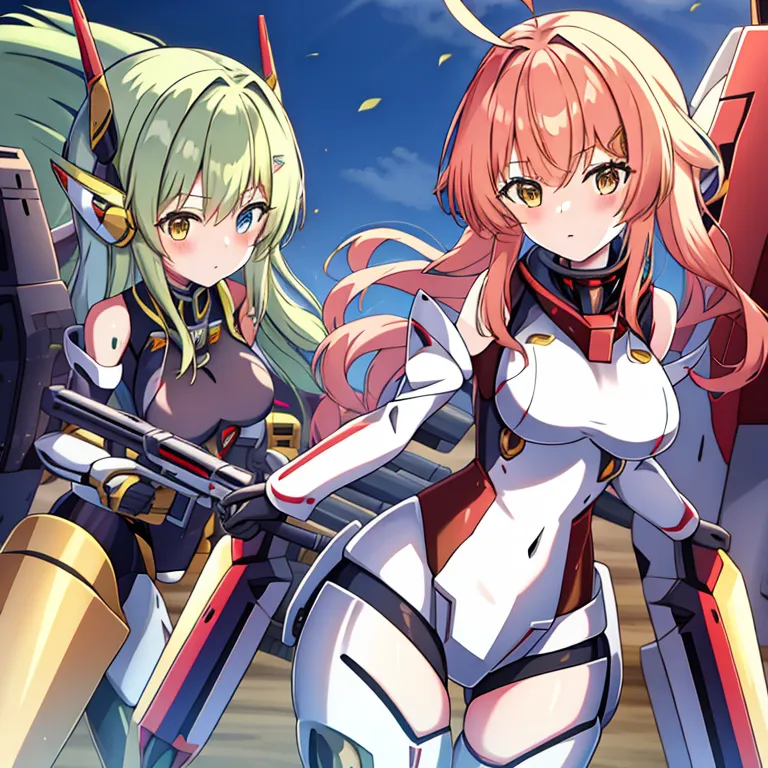 The image is of two anime girls in mecha suits. The girl on the left has long green hair and is wearing a yellow and black mecha suit. She is holding a gun. The girl on the right has long pink hair and is wearing a white and red mecha suit. She is also holding a gun. They both look like they are ready for battle.