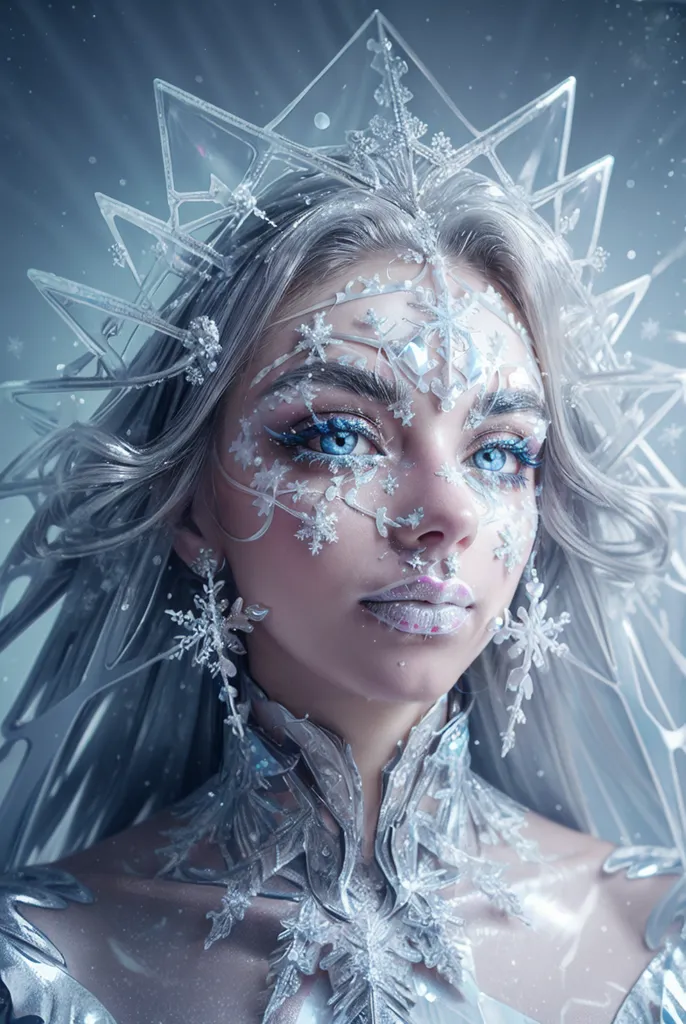 This image shows a beautiful woman with long white hair and blue eyes. She is wearing a silver and white dress with a snowflake design. Her face is painted with snowflakes, and she has a snowflake tiara on her head. She looks like a snow queen.