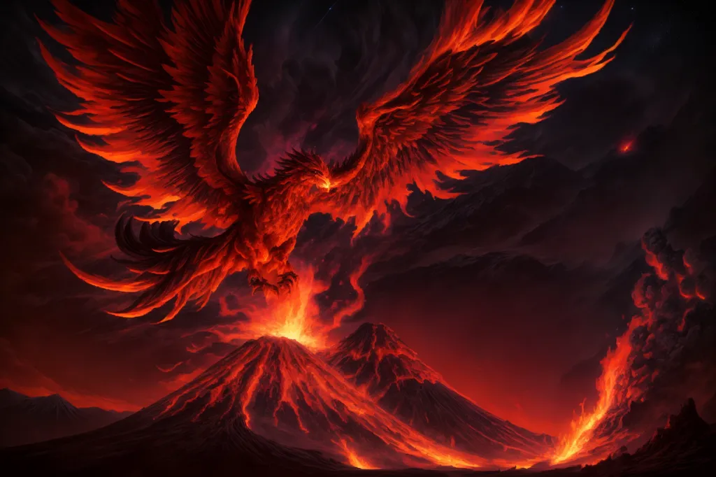 A phoenix is a mythical bird that is said to be a symbol of hope and renewal. It is often associated with fire and the sun, and is said to be able to rise from the ashes of its own destruction. In this image, the phoenix is depicted as a large, majestic bird with fiery red and gold feathers. It is flying over a volcano, and is surrounded by flames. The image is both beautiful and powerful, and captures the essence of the phoenix myth.