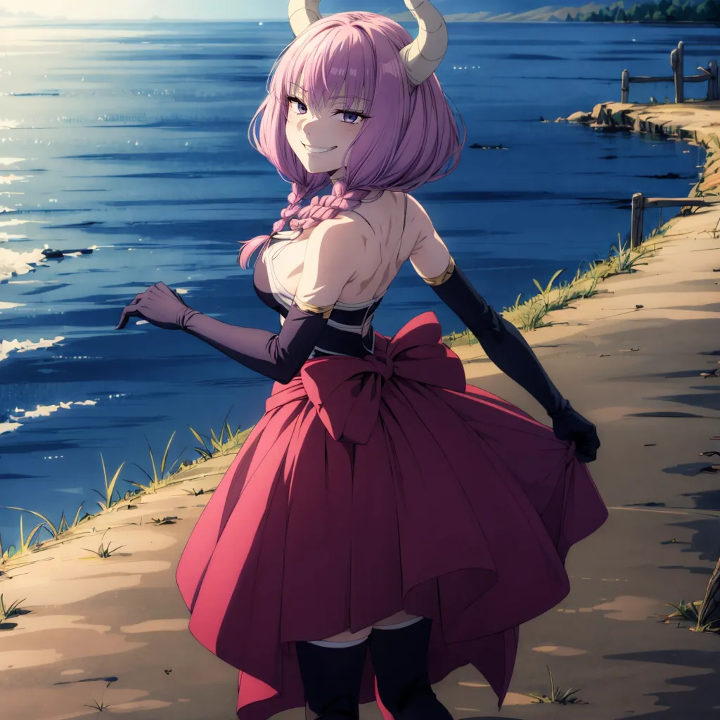 The image shows an anime girl with pink hair and horns standing on a cliff. She is wearing a red dress with a large pink bow on the back. She has a smug expression on her face and is looking back at the viewer. The background is a blue sea with a small beach and some grass on the cliff.