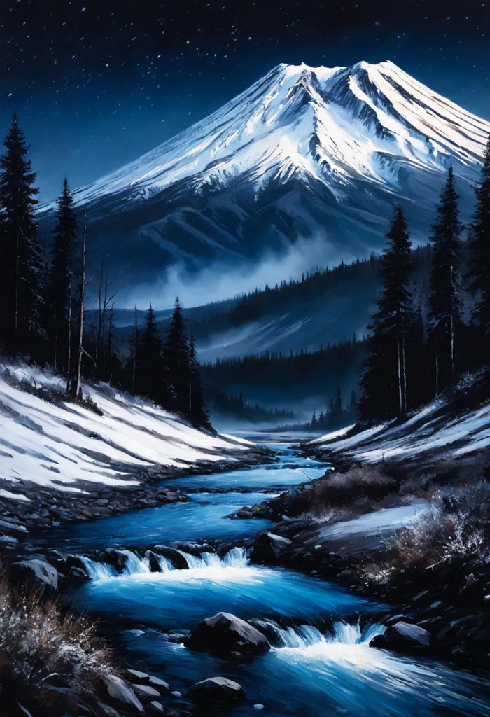 The painting shows a beautiful winter landscape. A snow-capped mountain dominates the background, while a river flows through the valley in front of it. The river is a vibrant blue color, and it cascades over rocks and boulders as it makes its way down the valley. The trees on the banks of the river are bare, and the snow-covered ground is a patch of white. The sky is dark blue, and it is filled with stars. The painting is done in a realistic style, and the artist has used muted colors to create a sense of peace and tranquility.