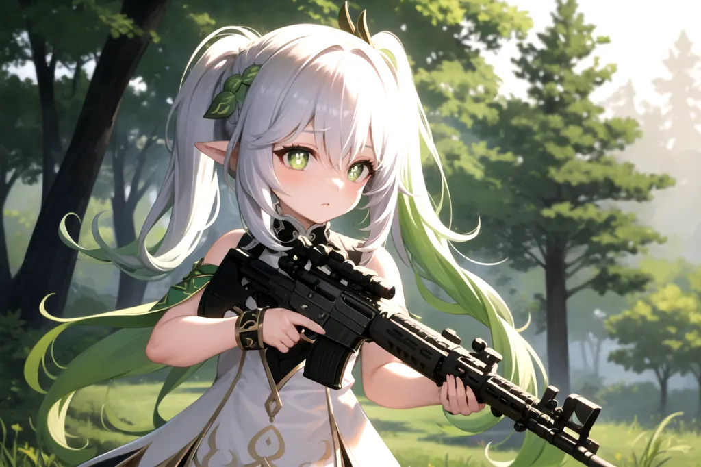 The image is a photo of a young girl with white hair and green eyes. She is wearing a white dress with a green sash and has a gun in her hands. She is standing in a forest and there are trees all around her. The girl has a determined look on her face and it is clear that she is ready to use her gun.