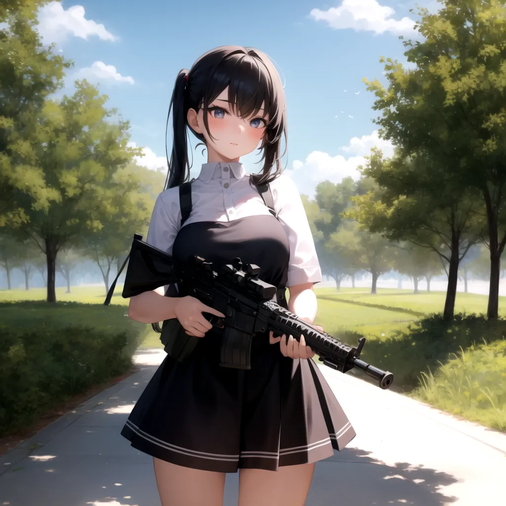 The image depicts an anime-style girl with long black hair and brown eyes. She is wearing a white button-down shirt, a black pinafore dress, and black boots. She is also carrying an assault rifle. The girl is standing in a park, surrounded by trees. In the background, there is a blue sky with white clouds.