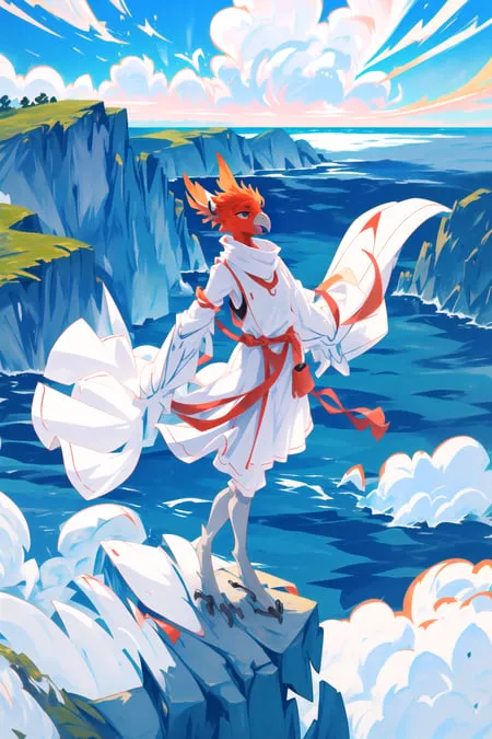 A red and orange phoenix stands on a cliff overlooking the ocean. The sky is blue and cloudy, and the water is a deep blue. The phoenix is wearing a white robe with red and orange trim, and it has a long, flowing tail. It is looking out at the ocean with a determined expression.