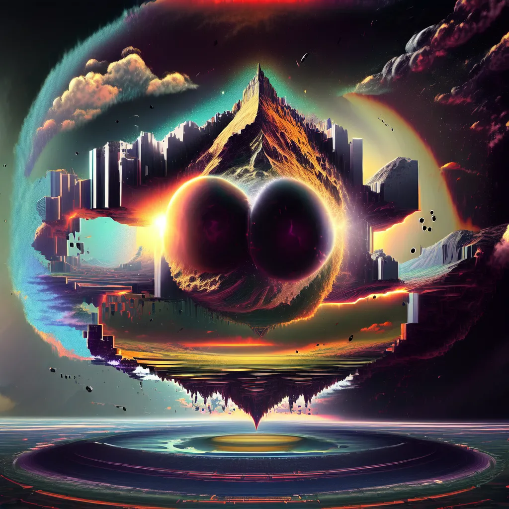 The image is set in a vast, otherworldly landscape. There are two large, glowing orbs in the center of the image, and a mountain range in the background. The orbs are surrounded by a swirling mass of clouds and gas. The ground is covered in a strange, alien-looking vegetation. There are several buildings scattered around the landscape, and a large city can be seen in the distance. The sky is dark, and there are several stars and planets visible.