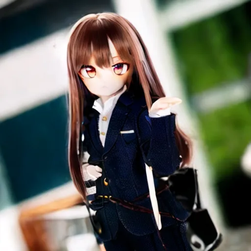 The image shows a doll with long brown hair, red eyes, and a pale complexion. She is wearing a dark blue suit jacket with a white collared shirt and a dark blue skirt. She is also wearing a brown bag over her shoulder. The doll is standing in a slightly angled pose, with her left hand raised in the air. The background is blurred, with a few green and blue lights visible.