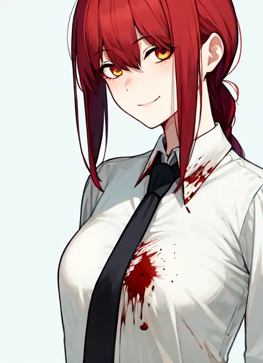 This is an image of a woman with red hair and yellow eyes. She is wearing a white dress shirt and a black tie. There is blood on her shirt.