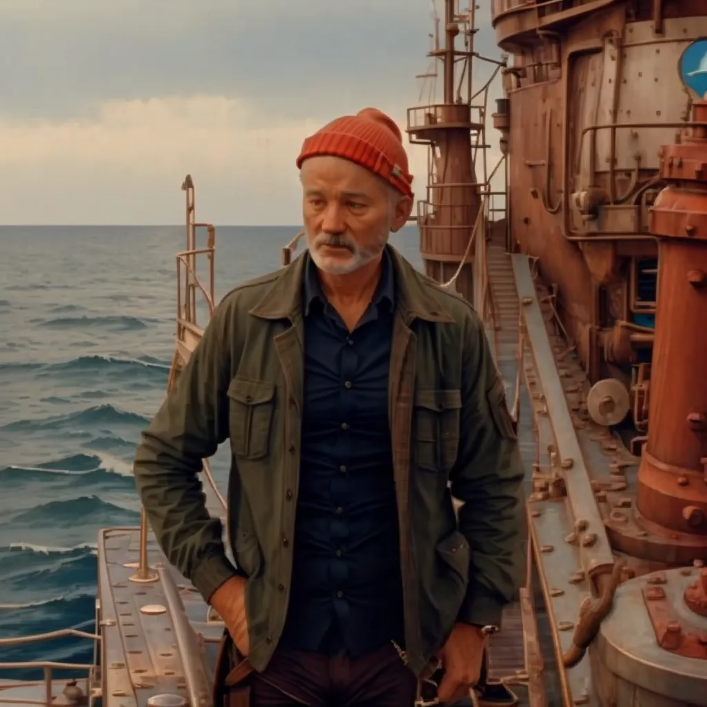 A man wearing an olive green shirt and a red beanie is standing on the deck of a ship. The ship is in the middle of the ocean, and the waves are crashing against the side of the ship. The man is looking out at the ocean, and he has a pensive expression on his face. He is wearing a life jacket, and there is a large machine behind him.