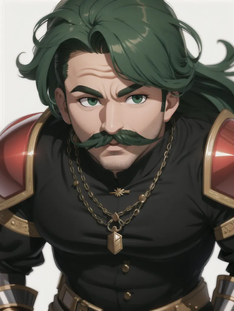 This is a picture of a man with green hair and green eyes. He has a mustache and a beard. He is wearing a black shirt with gold trim and red and gold shoulder pads. He is also wearing a gold necklace with a green gem in the center. He has a serious expression on his face.