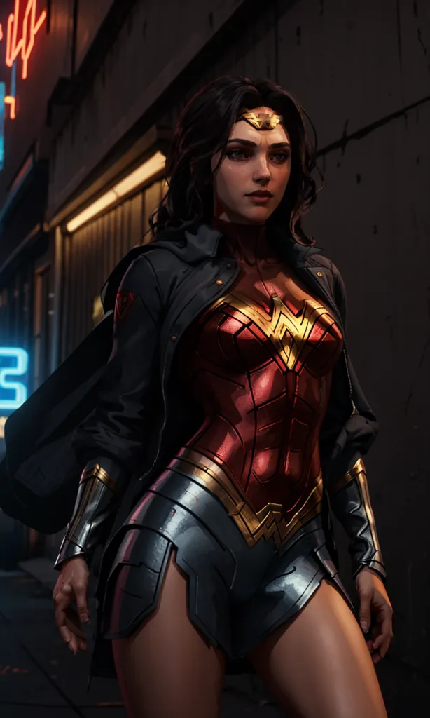 This is an image of Wonder Woman, a superhero from DC Comics. She is wearing a red and gold breastplate with a blue skirt and silver belt. She also has a lasso around her waist and a sword on her hip. She is standing in a dark alleyway with a city in the background.