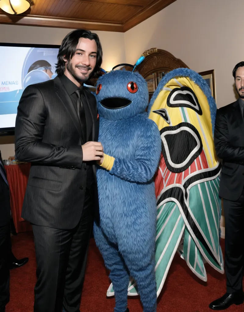 The image shows actor Keanu Reeves posing with a person in a blue furry costume. The person in the costume has red eyes and antennae. Keanu Reeves is wearing a black suit and tie. He has a slight smile on his face. The background is blurred, but it looks like they are in a hallway.