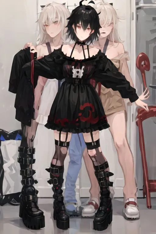 The image shows an anime girl with black hair and red eyes wearing a black dress with a red and white pattern. She is also wearing black boots and a black choker. There are two other girls in the background, one with white hair and one with pink hair. They are both wearing casual clothes. The girl in the middle is looking at the camera while the other two are talking to each other.