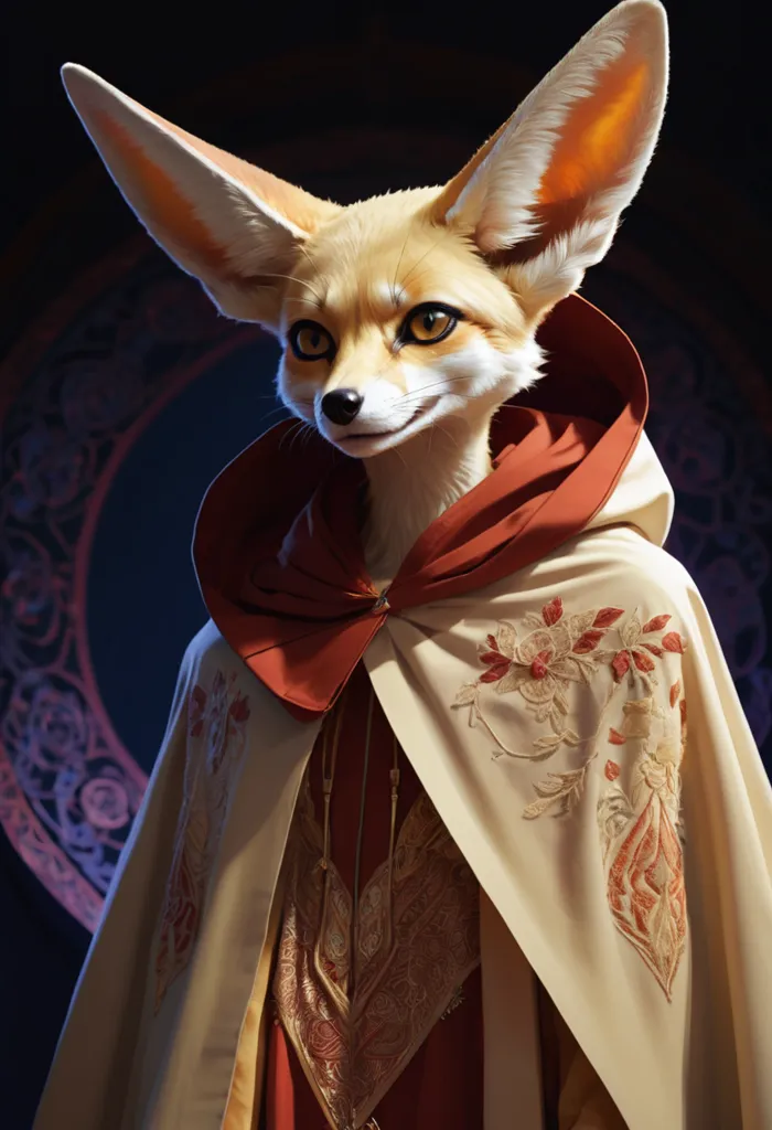 This image shows a Fennec fox wearing a red and gold cape with floral embroidery. The fox has its ears perked up and is looking at the viewer with a curious expression. The background is dark with a glowing, circular pattern in the top left corner.