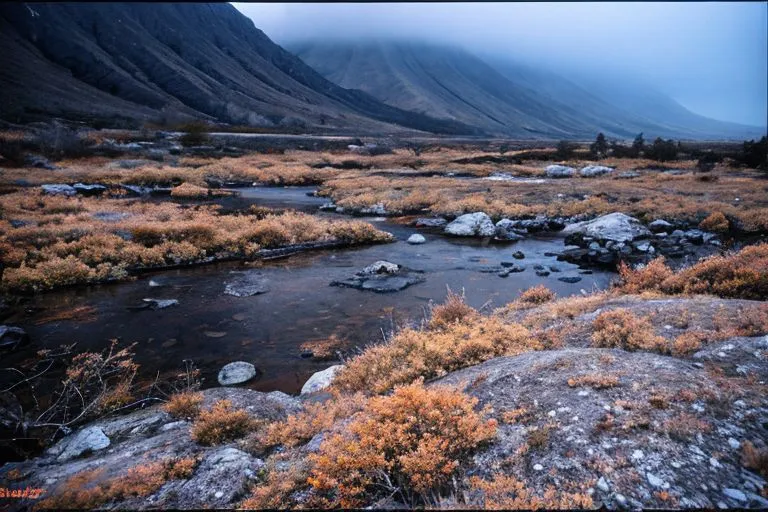 The image shows a wide valley with a river running through it. The valley is surrounded by high mountains. The river is shallow and rocky. The valley is covered in moss, grass, and small bushes. There are some large boulders scattered around the valley. The sky is cloudy and there is a mist in the air.