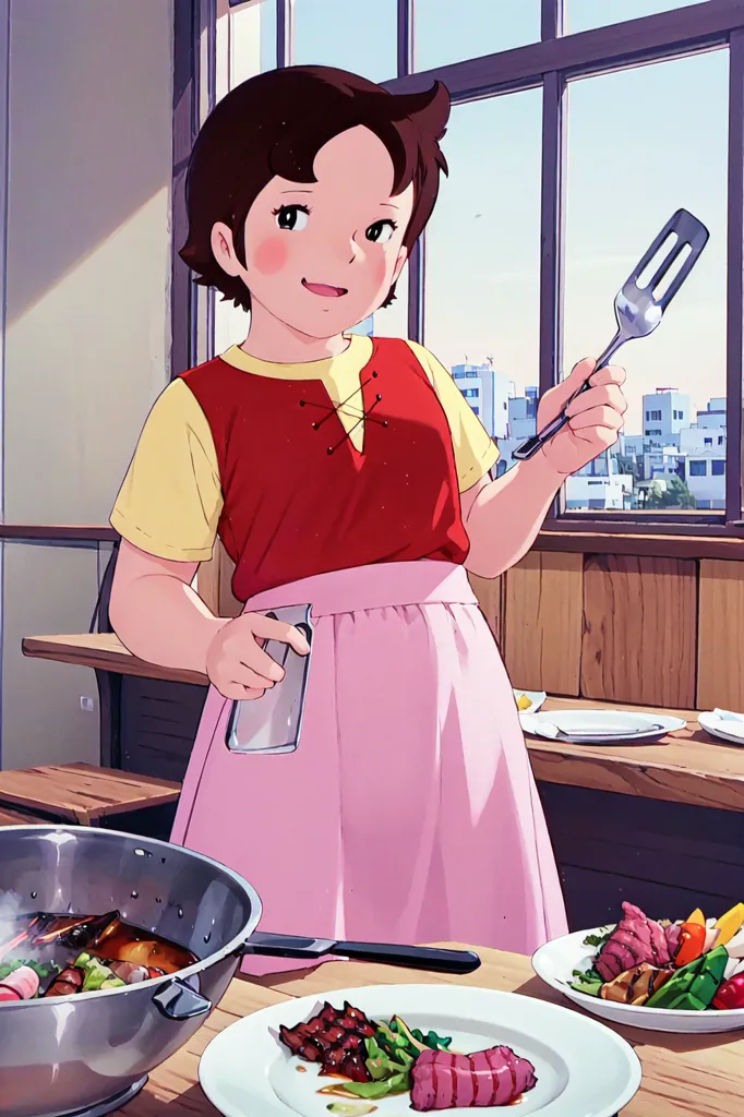 The image shows a young girl in a red and white shirt and a pink apron. She is standing in a kitchen, holding a spatula and a ladle. There is a pot on the stove and a plate of food on the table. The girl has a happy expression on her face.