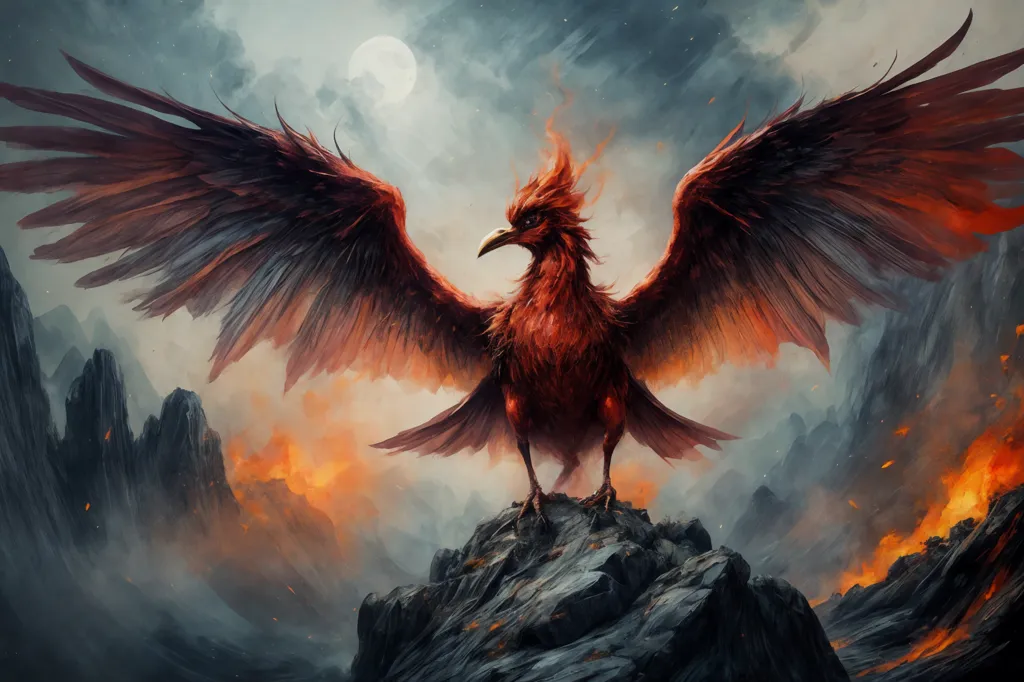 The image shows a phoenix, a mythical bird that is said to be a symbol of hope and renewal. The phoenix is depicted as a large, majestic bird with red and gold feathers. It is standing on a rock in the middle of a fiery landscape. The phoenix is surrounded by flames, but it is not harmed by them. The image is set against a backdrop of mountains and a stormy sky.