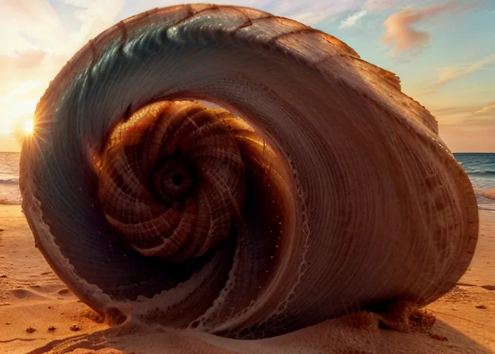 The image shows a large seashell on a beach. The shell is a spiral shape and is tan and white in color. The sun is setting in the background, casting a warm glow over the scene. The sand is wet and there are small waves crashing on the shore. The sky is a gradient of orange, yellow, pink, and blue.