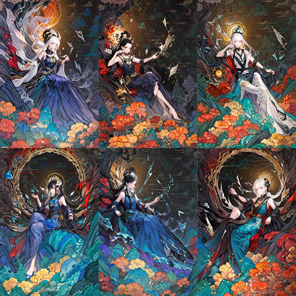 The image is a set of four Chinese-style character illustrations. The characters are all women, and they are all wearing elaborate and beautiful clothing. The illustrations are set against a background of clouds and mountains, and they are all surrounded by flowers. The overall effect is one of beauty and elegance.