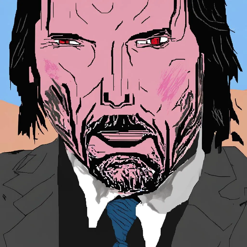 This is a picture of Keanu Reeves. It looks like a cartoon drawing. He is wearing a black suit and tie. His eyes are red and he has a small beard. His face is pink and he looks angry.