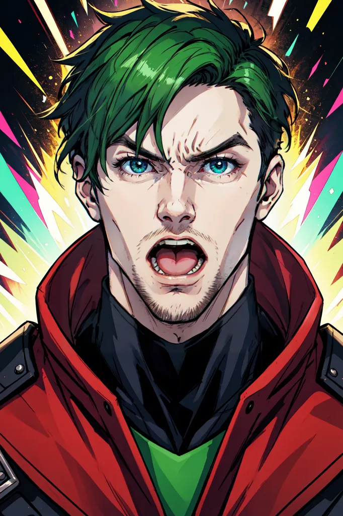 This is a picture of a man with green hair and blue eyes. He is wearing a red jacket with a green shirt underneath. He has a surprised expression on his face and is shouting. The background is a yellow and white blur.