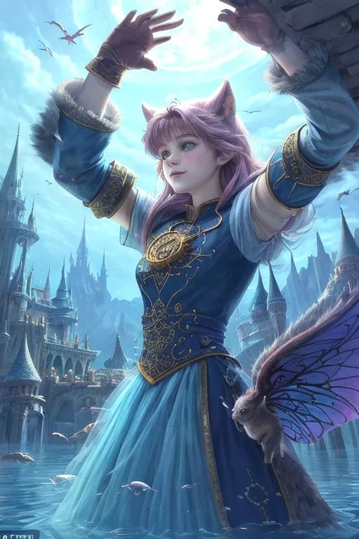 This image shows a beautiful anime girl with pink hair and cat ears. She is wearing a blue dress with gold trim and a white camisole. She is standing in a river with her arms outstretched, and there is a small flying squirrel with butterfly wings on her shoulder. In the background is a castle.