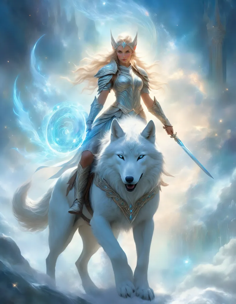 A warrior princess rides a white wolf into battle. She is wearing silver armor and a blue cape. She has a sword in her hand and a shield on her back. The wolf is snarling and has its ears back. It is running at a full gallop. The background is a blue sky with white clouds.