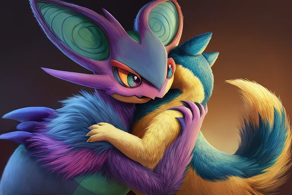 The image is of two Pokémon, a purple and blue flying squirrel-like Pokémon and a yellow and blue chipmunk-like Pokémon. They are hugging each other. The background is a dark bro