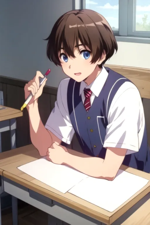 This is an image of a young male student sitting at his desk in a classroom. He has brown hair and blue eyes, and he is wearing a white shirt, blue vest, and red tie. He is holding a pen and looking at the camera with a thoughtful expression. There is an empty sheet of paper on his desk.