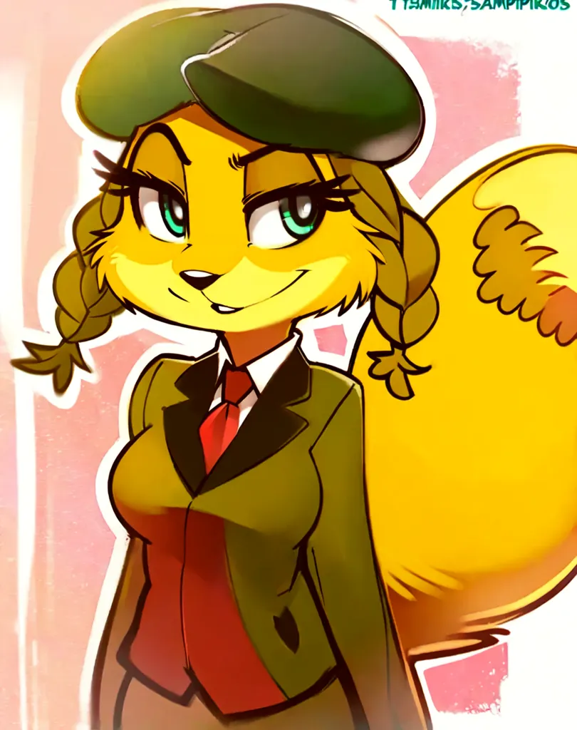 The image is of a female squirrel wearing a green beret, red tie, and tan trench coat. She has brown hair and green eyes and is smirking. She is standing in front of a pink background.