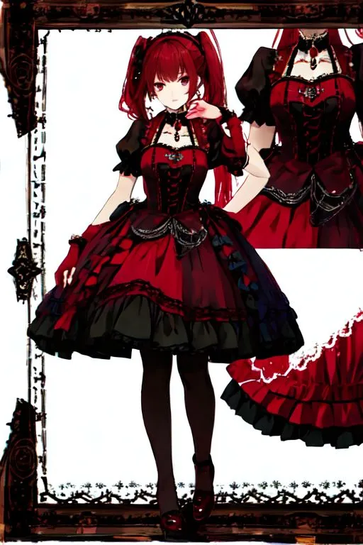 The picture shows a girl with long red hair wearing a red and black Gothic dress with a white collar. The dress has a corset-like bodice with black and gold trim and a full skirt with black and red lace overlay. She is wearing black stockings and red shoes with black bows. Her hair is styled with twin tails and she has a red ribbon tied around her neck.